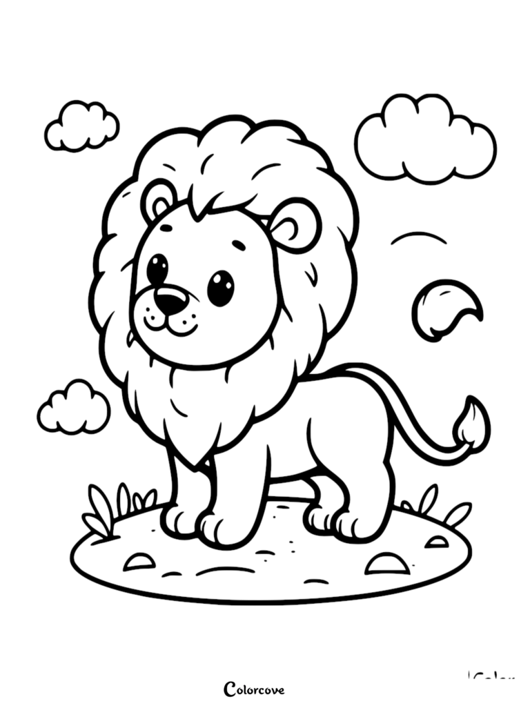 A cute lion standing on a grassy hill with fluffy clouds in the background, simple line art coloring page.