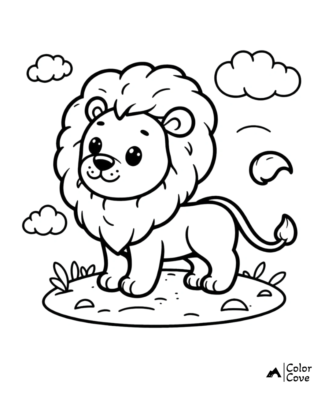 Cute lion coloring page for kids featuring a lion standing on a rock with clouds in the background. Color Cove logo.