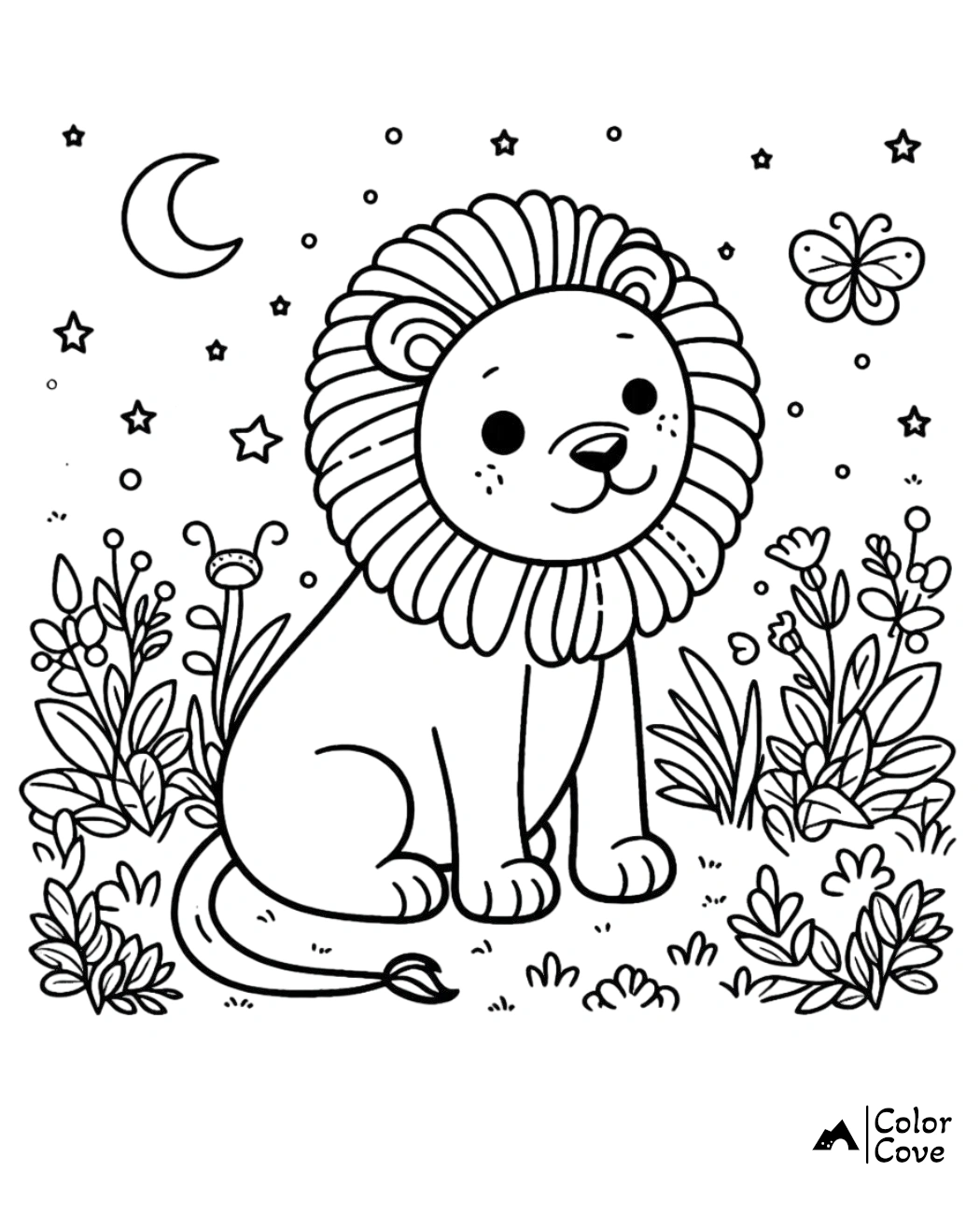 Coloring page of a cute lion sitting in a garden with stars, a butterfly, and a crescent moon in the background.