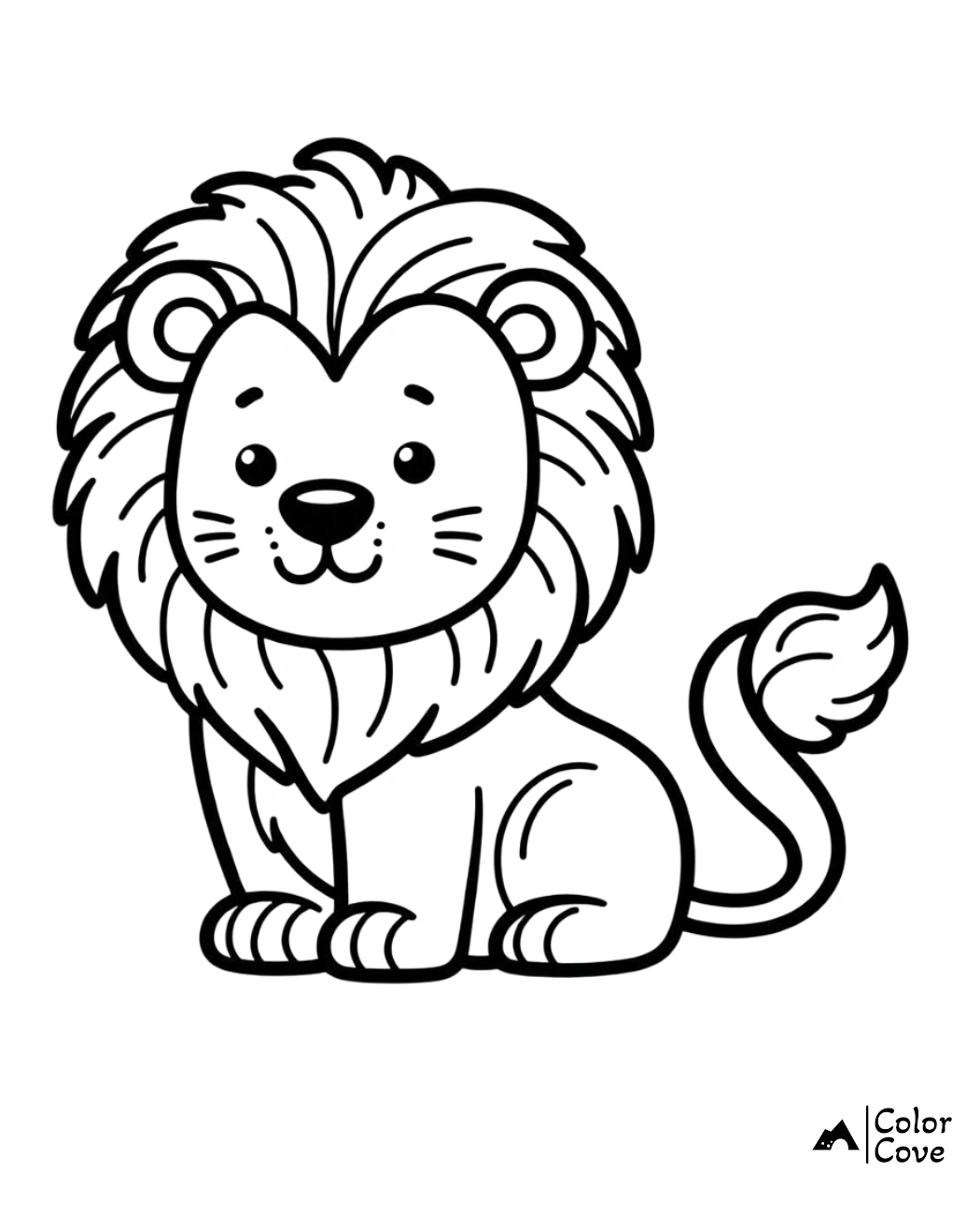 Coloring page of a cute cartoon lion with a fluffy mane, designed for children's activities or educational purposes.