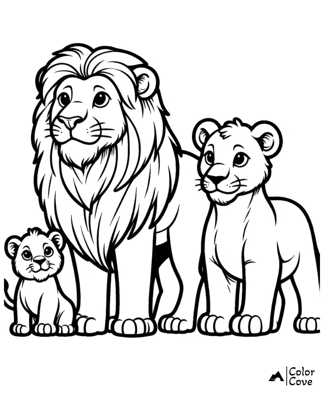 Coloring page of a lion family including a lion, lioness, and cub. Perfect for kids' animal coloring activities.