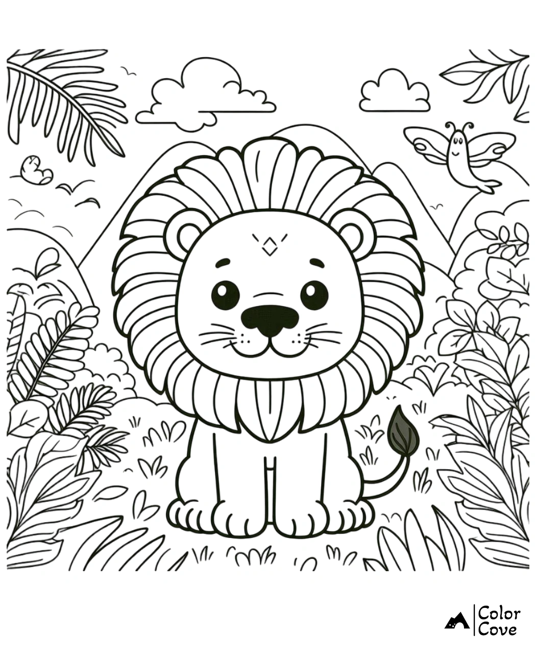 Cute lion coloring page for kids; lion sitting in jungle with mountains, plants, clouds, and butterfly.