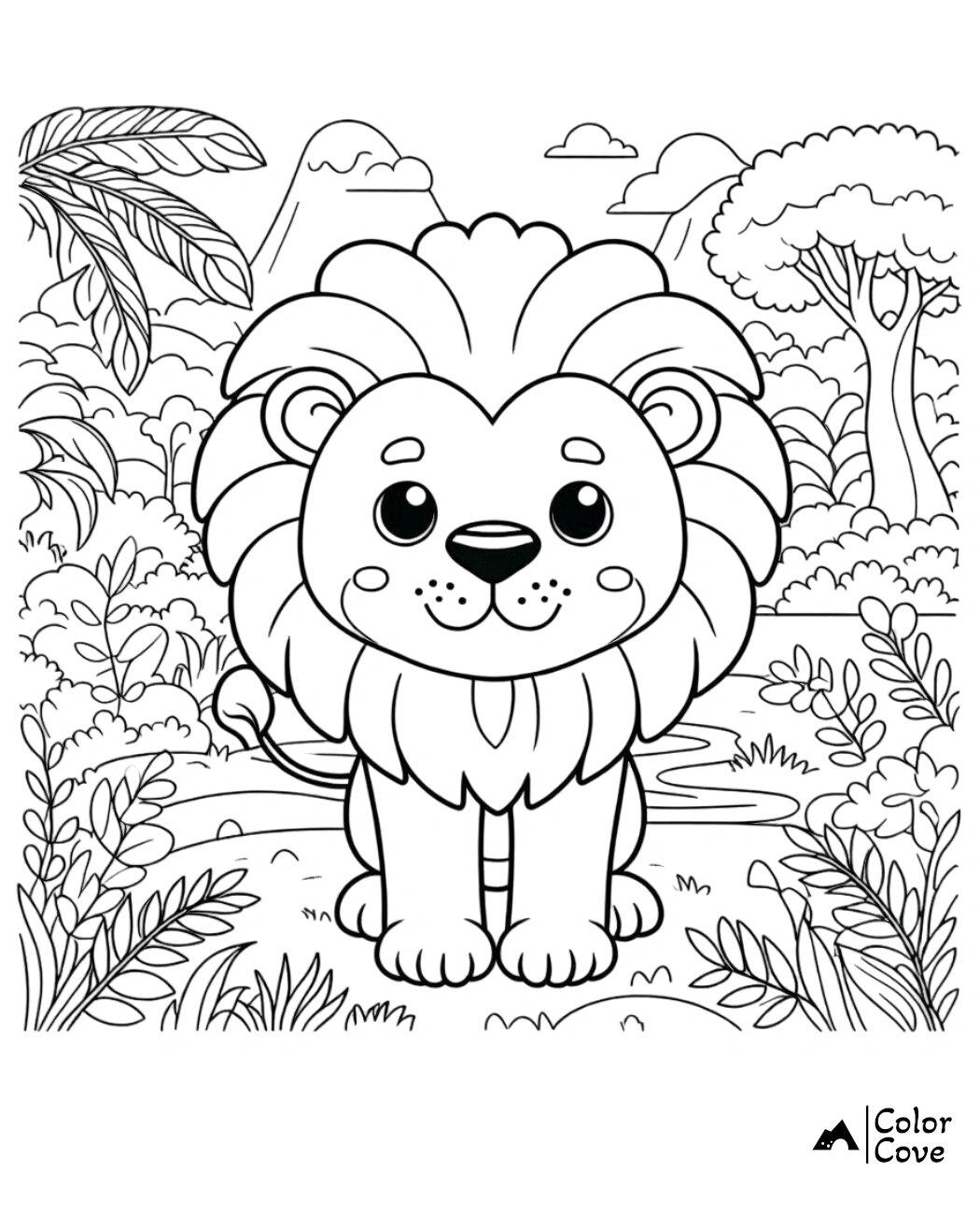 Cute lion coloring page for kids, featuring a happy lion in a jungle setting. Ideal for fun and educational coloring.