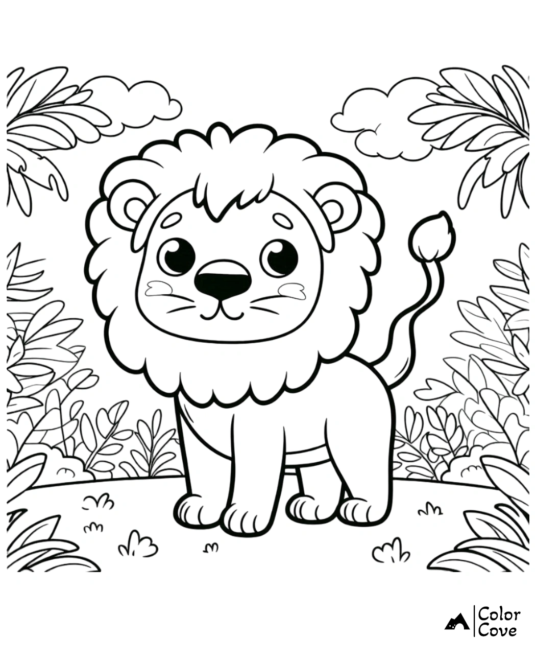 Cute lion coloring page for kids with jungle background and outlined lion illustration. Color Cove branding.