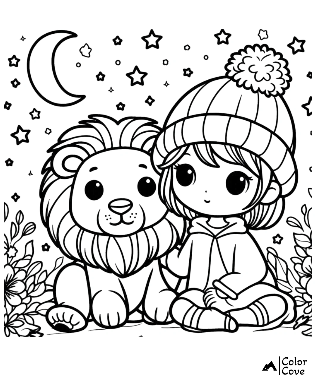 A cute coloring page of a child in a beanie sitting next to a smiling lion under a starry night sky with a crescent moon.