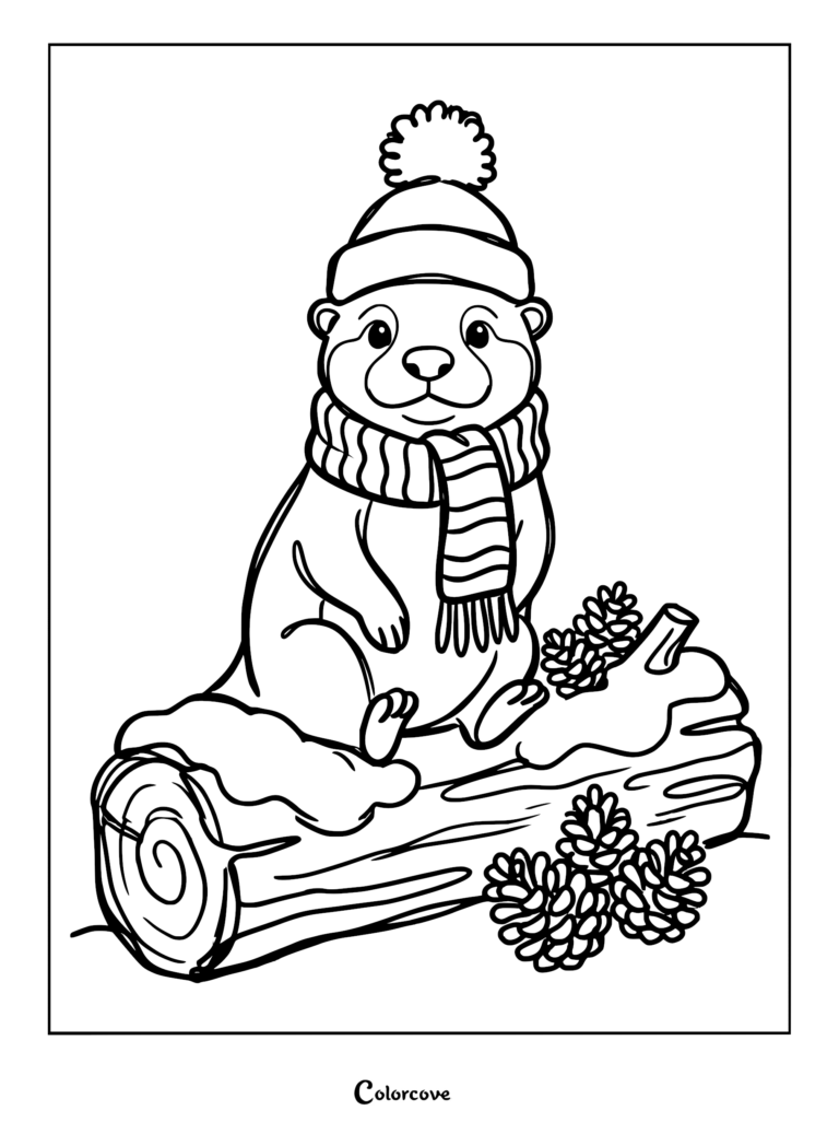 Una nutrias con gorro de pompón y bufanda a rayas sentada en un tronco nevado con piñas, página para colorear imprimible.