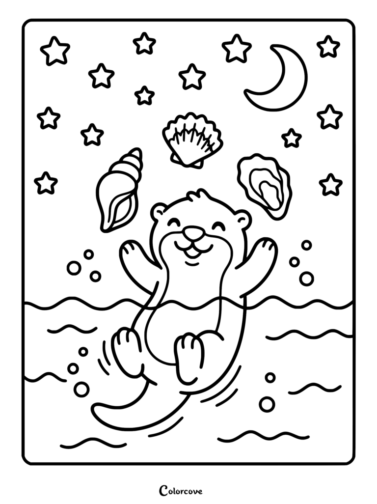 Una nutrias flotando boca arriba en el agua con conchas marinas y una luna creciente arriba en esta página para colorear imprimible.