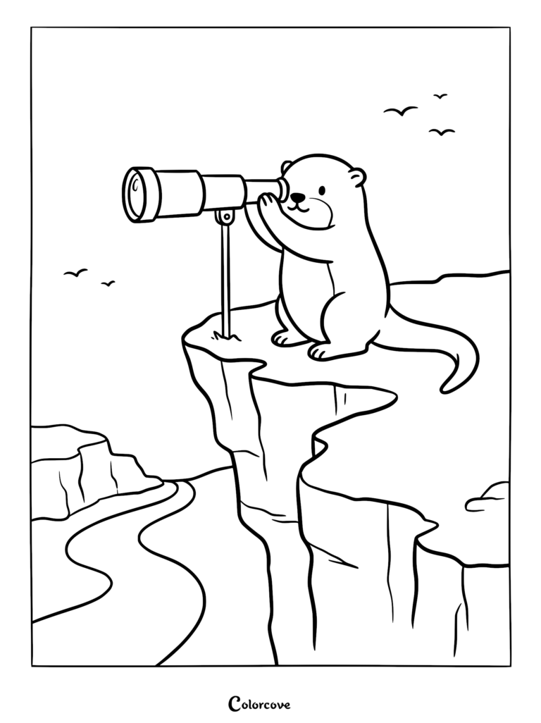 Una nutrias de pie en el borde de un acantilado mirando a través de un telescopio en esta página para colorear imprimible.