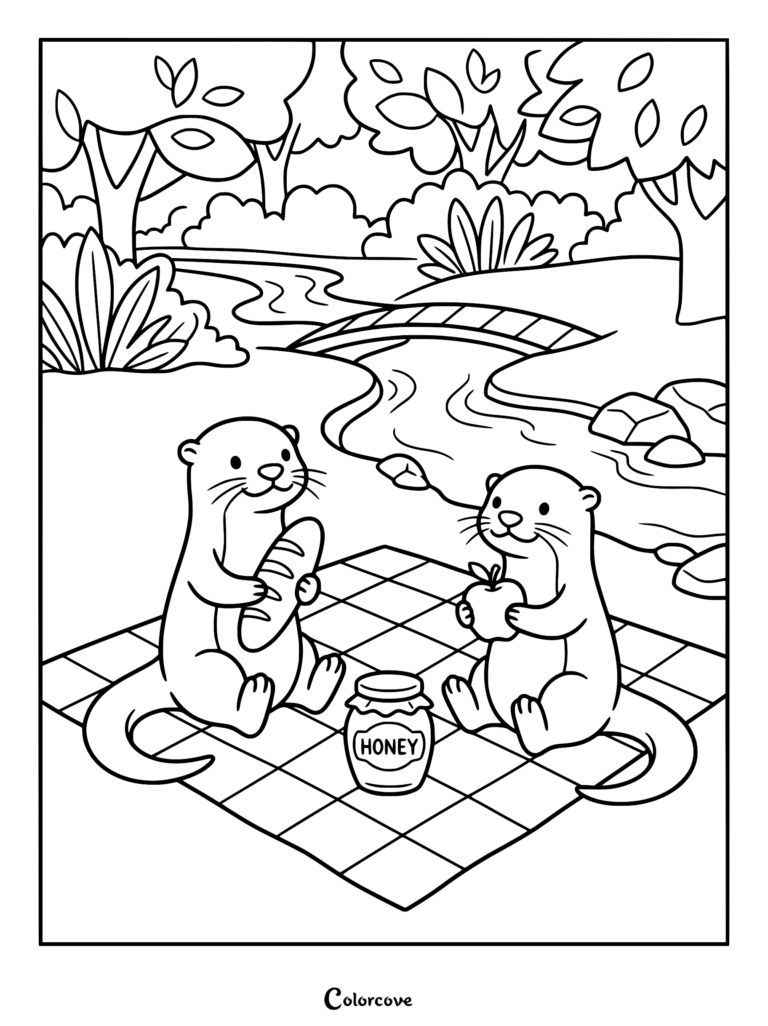 Dos nutrias sentadas en una manta de picnic a cuadros junto a un río con un tarro de miel, pan y una manzana en esta página para colorear imprimible.
