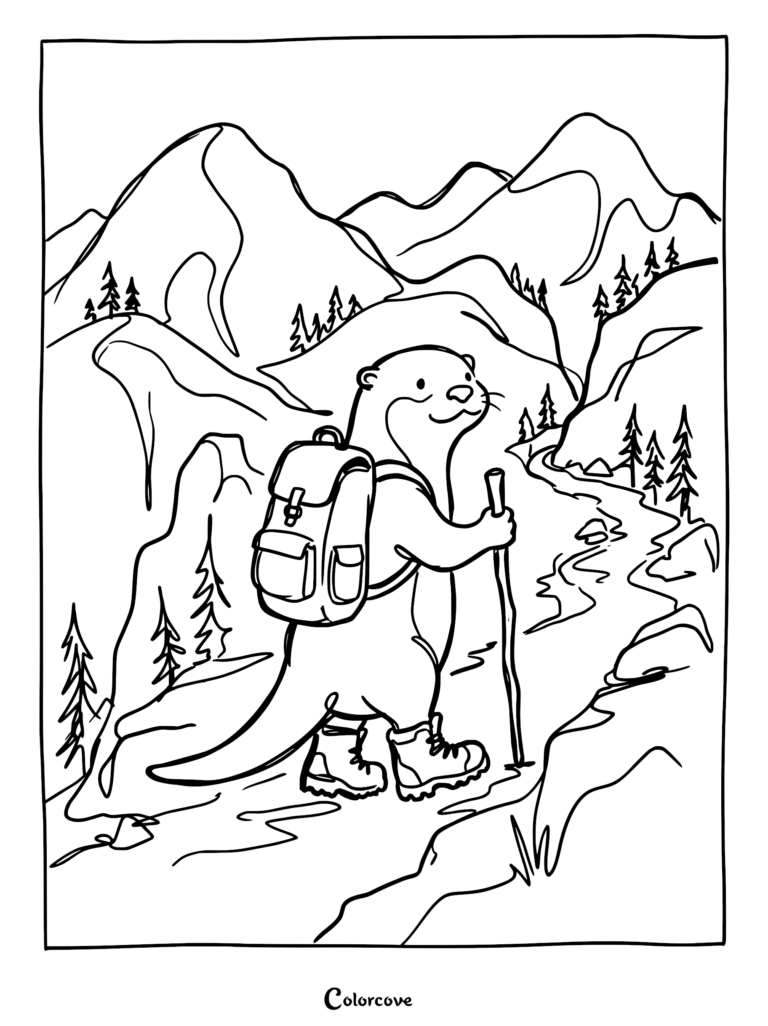 Una nutrias con mochila y botas de montaña sosteniendo un bastón en un sendero de montaña en esta página para colorear imprimible.