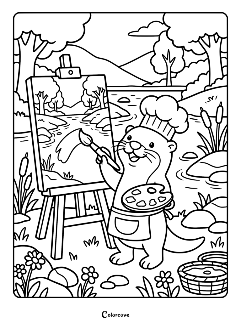 Una nutrias con gorro y delantal de chef pintando un paisaje en un caballete junto a un río en esta página para colorear imprimible.