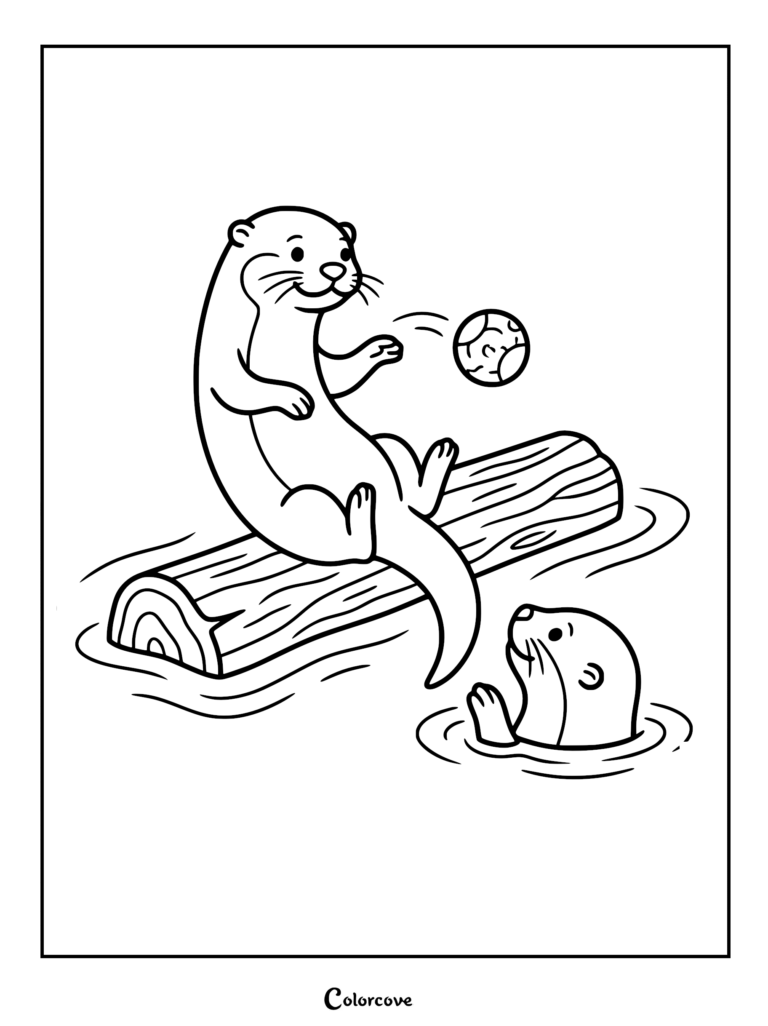 Una nutria sentada en un tronco flotante lanzando una pelota a otra nutria en el agua en esta página para colorear imprimible.
