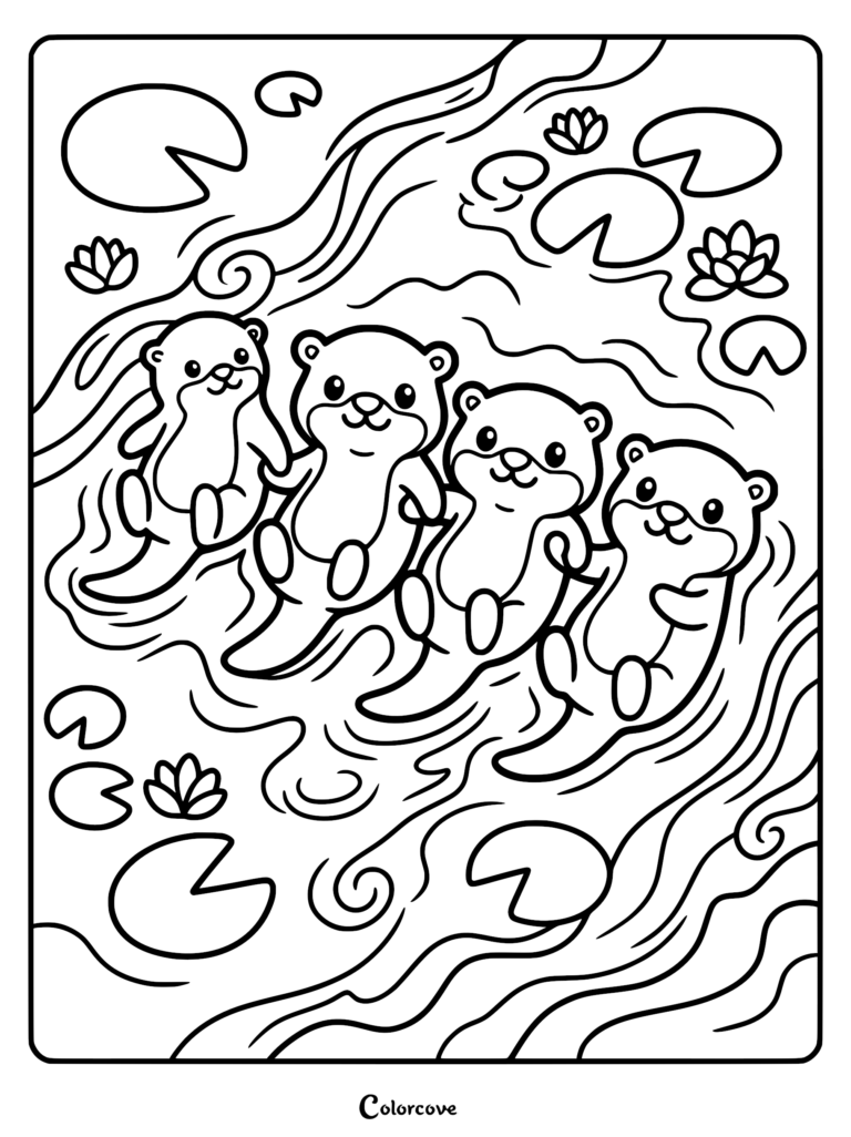 Four otters hold hands while floating in a pond.