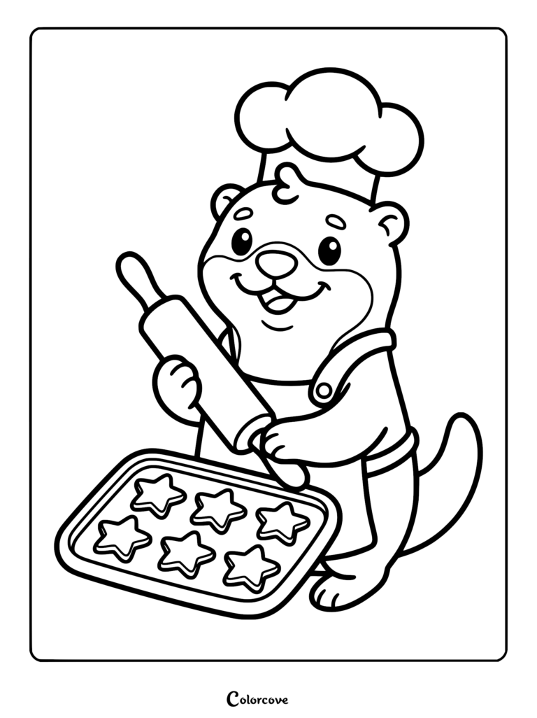Una nutrias con gorro y delantal de chef sosteniendo un rodillo sobre una bandeja de galletas en forma de estrella en esta página para colorear imprimible.