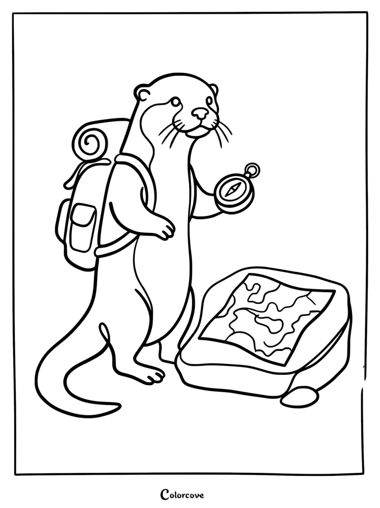 Una nutrias con mochila y sosteniendo una brújula mientras mira un mapa sobre una roca en esta página para colorear imprimible.