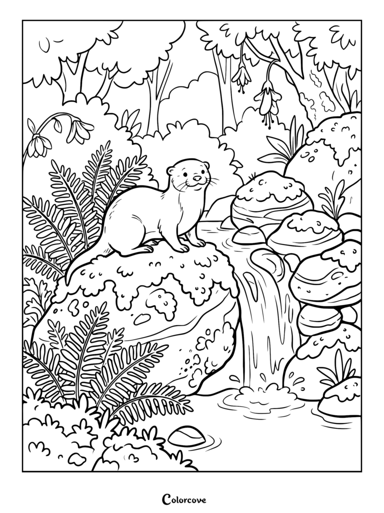 Una nutrias sentada en una roca cubierta de musgo junto a una pequeña cascada en un bosque exuberante, página para colorear detallada de arte lineal.