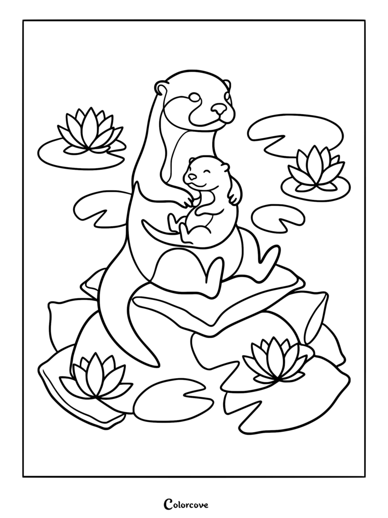 Una madre nutria sosteniendo a su cría sobre una hoja de nenúfar en un estanque, estilo de arte lineal para colorear.