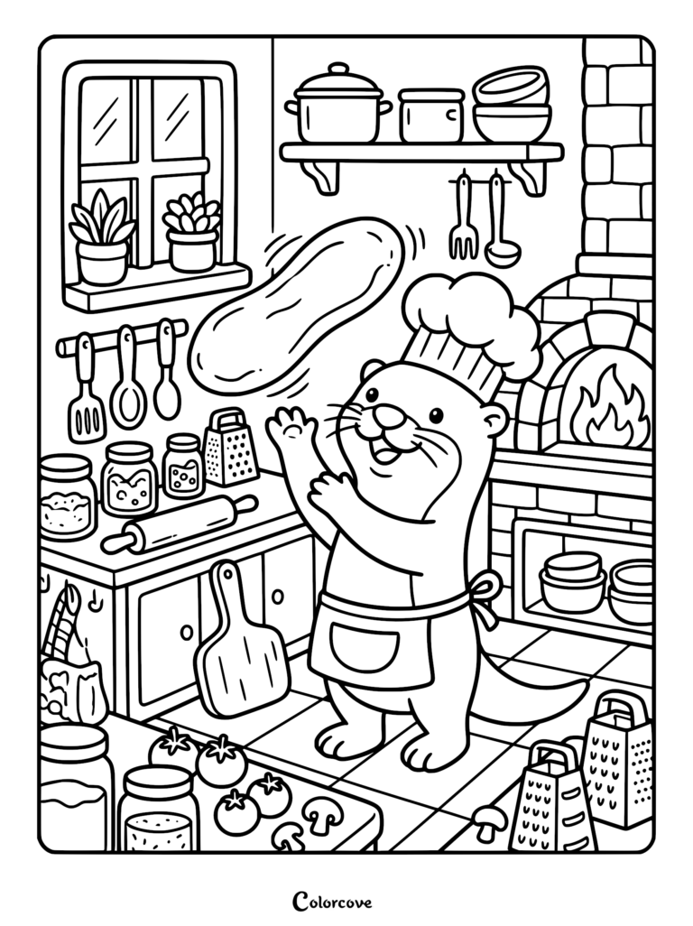 Una nutrias con gorro y delantal de chef lanzando masa de pizza en una cocina rústica, página para colorear imprimible.