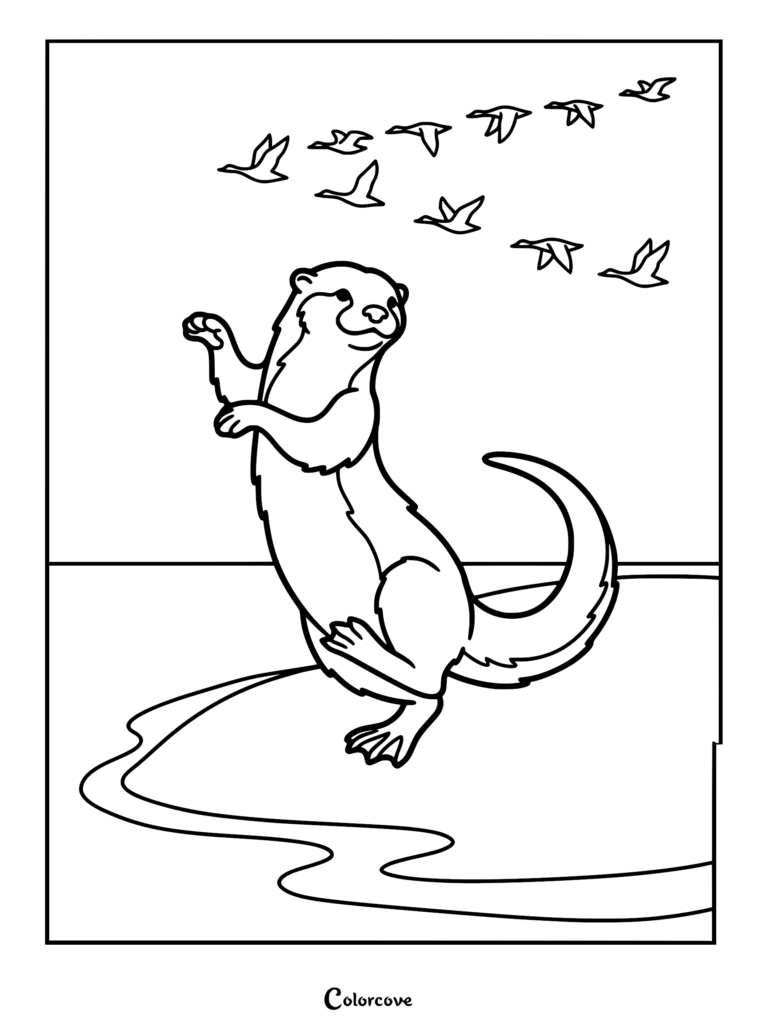 Una nutrias de pie sobre sus patas traseras mirando hacia arriba a una bandada de pájaros volando en el cielo, página para colorear imprimible.