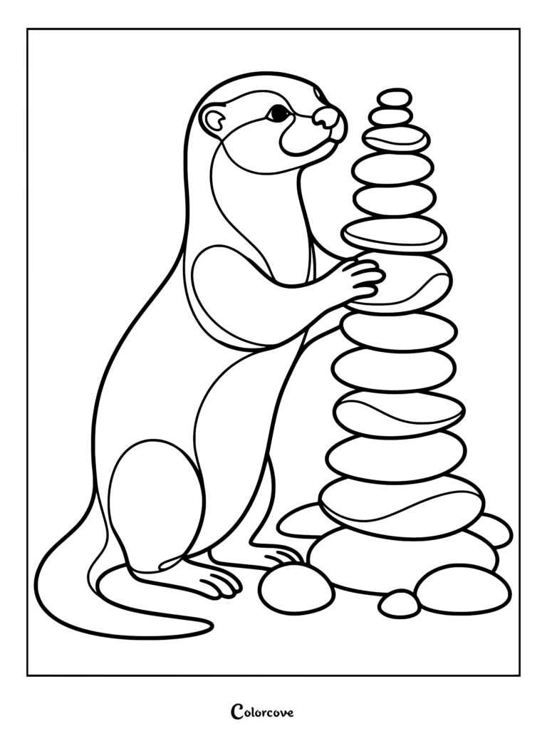 Una nutrias de pie sobre sus patas traseras mientras equilibra cuidadosamente una torre alta de piedras de río lisas en esta página para colorear imprimible.