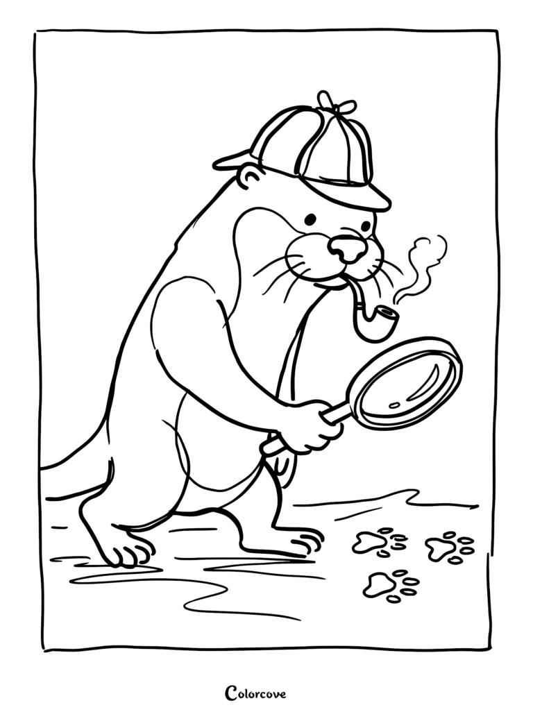 Una nutrias con gorro de cazador, fumando en pipa y sosteniendo una lupa para examinar huellas en esta página para colorear imprimible.