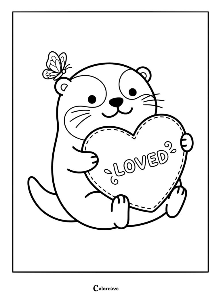 Una nutrias sosteniendo un corazón con la palabra AMADO escrita y una mariposa en la cabeza, página para colorear.