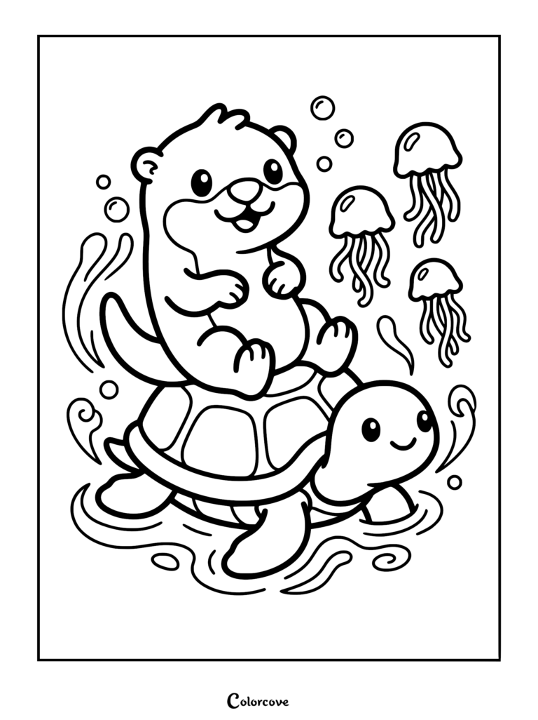 Una nutrias sentada en el caparazón de una tortuga nadadora rodeada de tres medusas y burbujas en esta página para colorear imprimible.