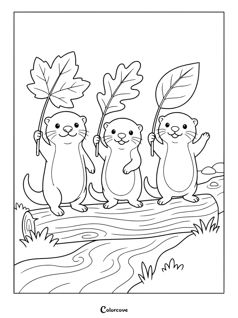 Tres nutrias de pie sobre un tronco junto a un río, cada una sosteniendo una hoja de diferente forma en esta página para colorear imprimible.