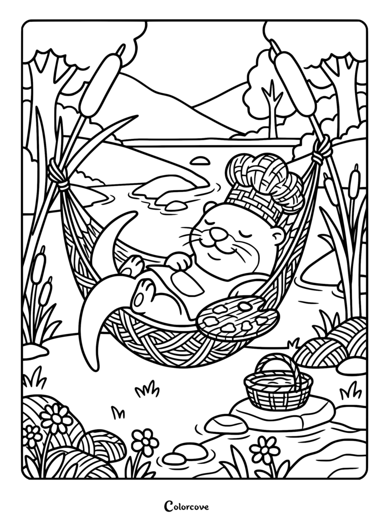 Una nutrias con gorro de chef descansando en una hamaca tejida junto a un río, página para colorear imprimible.