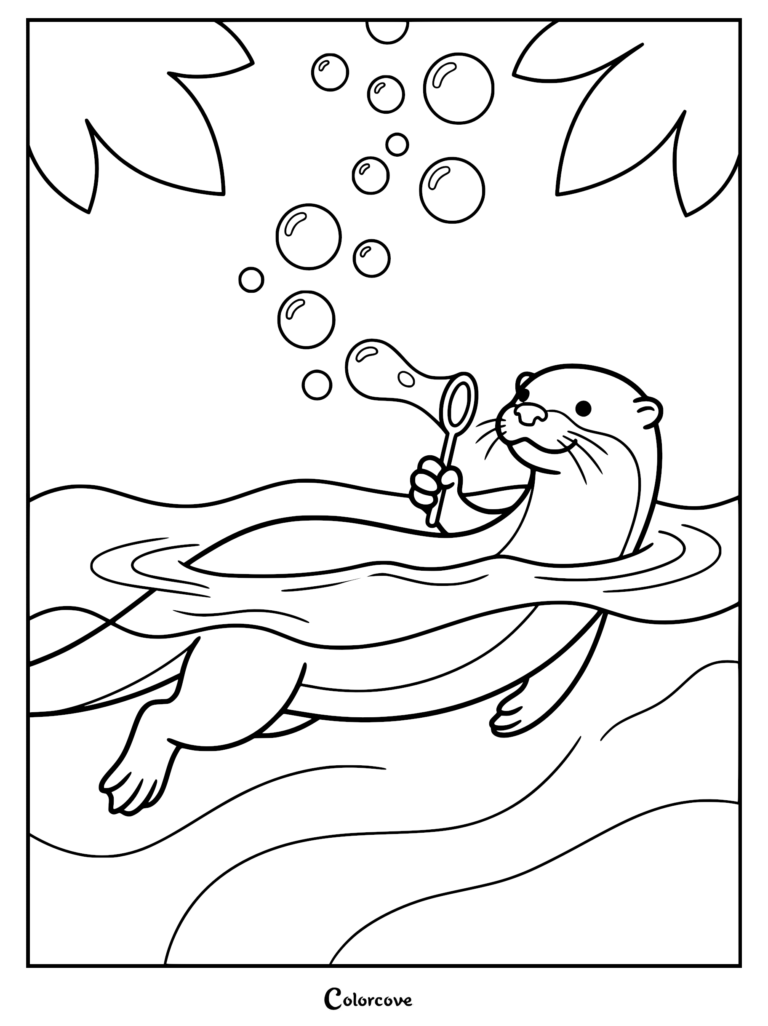 Una nutrias flotando en el agua y soplando burbujas con una varita en esta página para colorear imprimible.