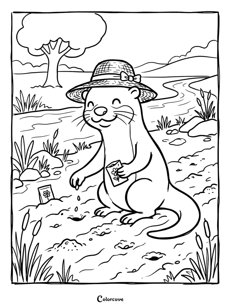 Una nutrias con sombrero de paja plantando semillas de flores junto a un río en esta página para colorear imprimible.