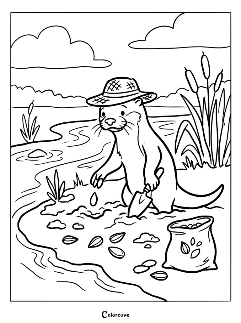 Una nutrias con sombrero de paja plantando semillas junto a un río en esta página para colorear imprimible.