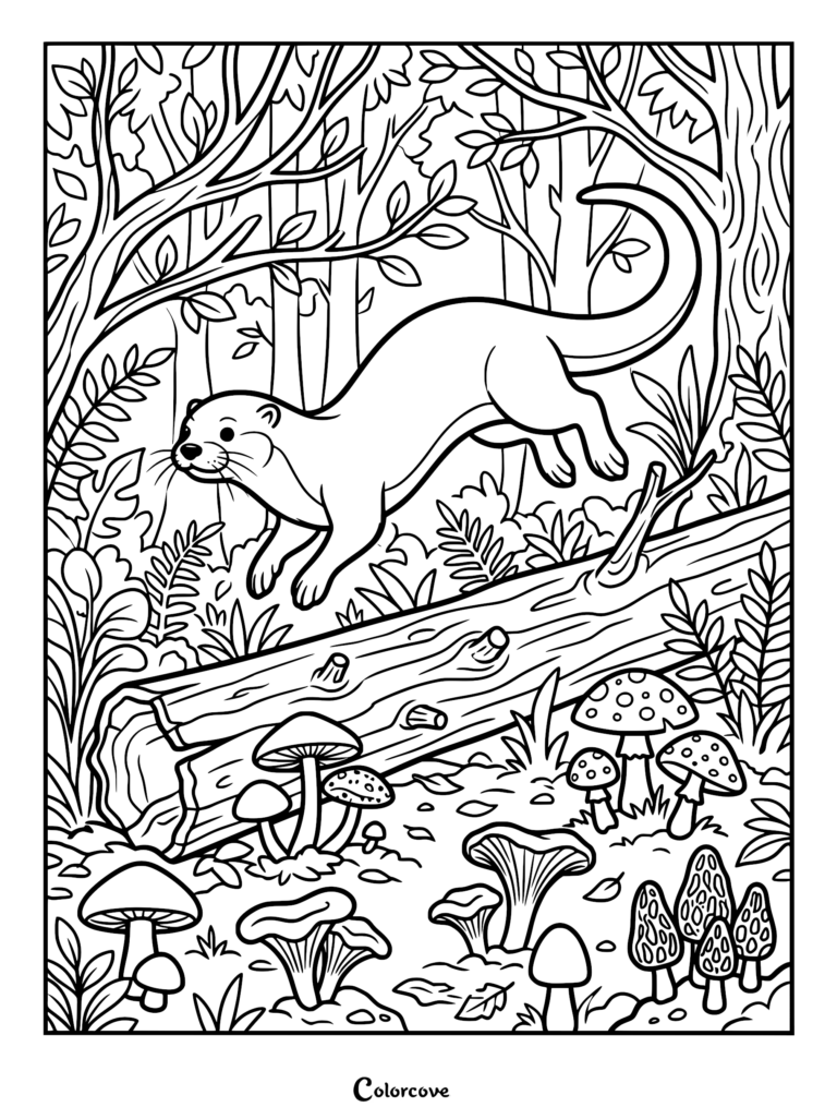 Una nutrias saltando sobre un tronco caído en un bosque exuberante lleno de varios hongos, página para colorear detallada de arte lineal.