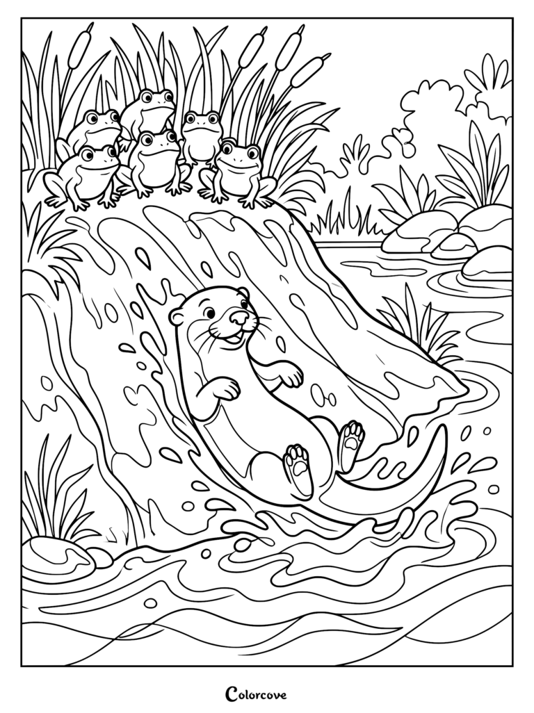 Una nutrias deslizándose por una orilla fangosa hacia el agua mientras cinco ranas observan desde arriba en esta página para colorear imprimible.