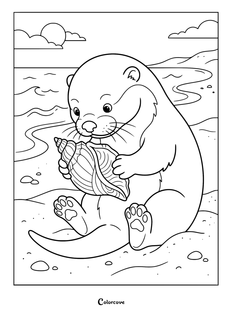 Una nutrias sentada en una playa de arena sosteniendo una gran concha marina con patrones, página para colorear de arte lineal.