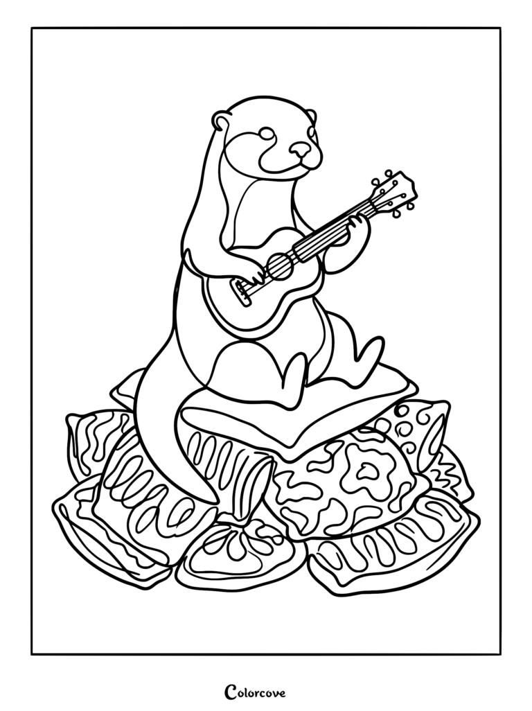 Una nutria sentada sobre una pila de almohadas con patrones tocando un ukelele en esta página para colorear imprimible.