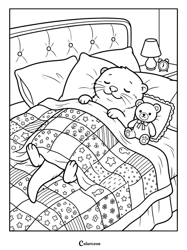 Una nutrias durmiendo plácidamente en una cama con un oso de peluche, en una página para colorear imprimible.
