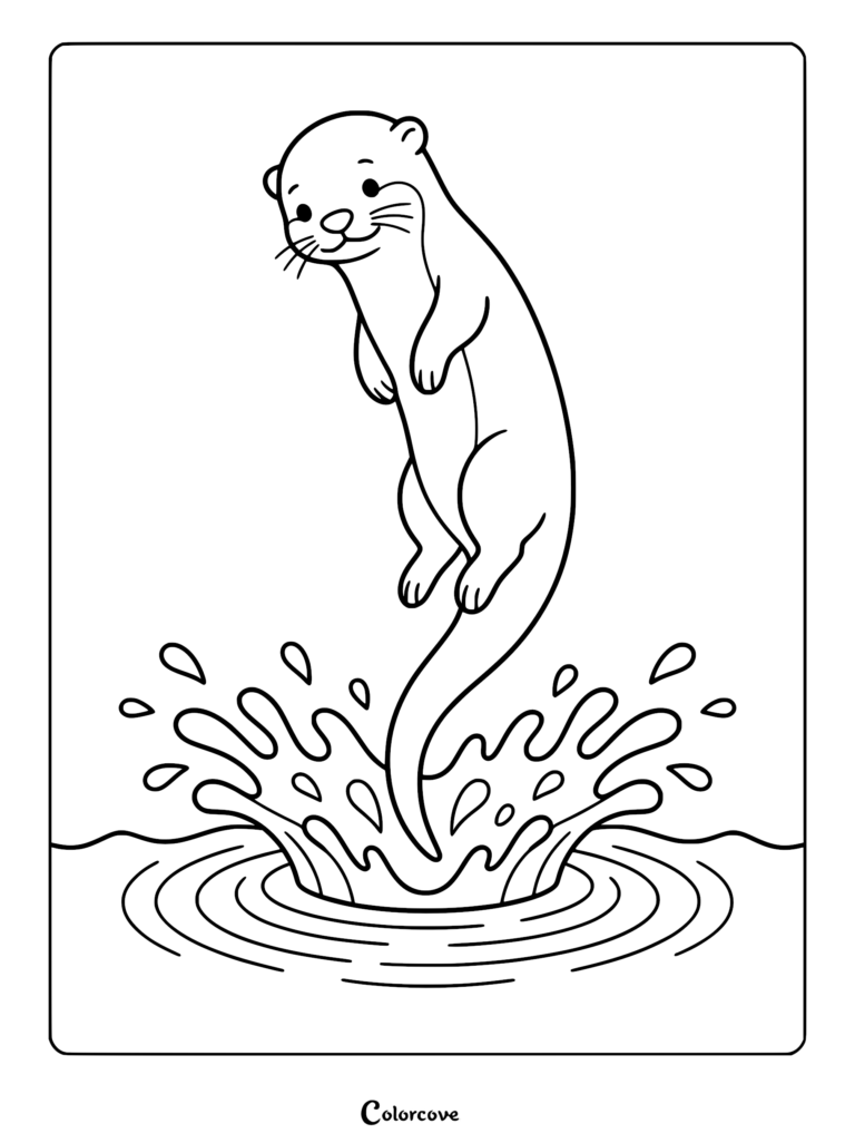 Una nutrias saltando al agua, creando un gran chapuzón, página para colorear de arte lineal.