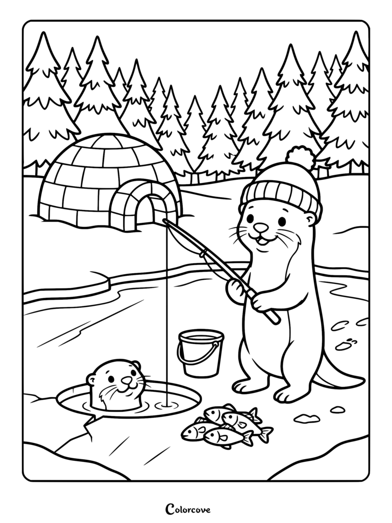 Una nutria con un gorro de invierno pescando en hielo cerca de un iglú en un bosque nevado, página para colorear imprimible.