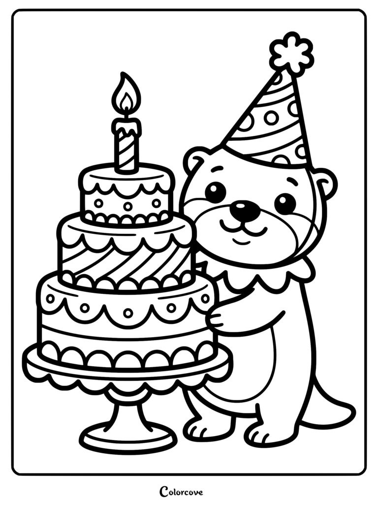 Una nutrias con un gorro de fiesta de lunares de pie junto a un pastel de cumpleaños de tres pisos con una sola vela en esta página para colorear imprimible.