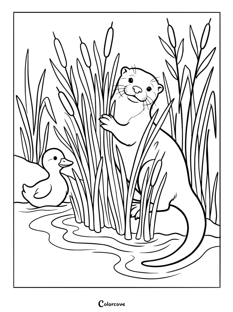 Una nutria asomándose a través de espadañas altas en un estanque junto a un pequeño patito en esta página para colorear imprimible.