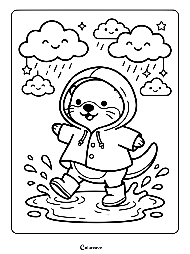 Una nutrias con impermeable y botas amarillas saltando en un charco bajo nubes de lluvia sonrientes, página para colorear imprimible.