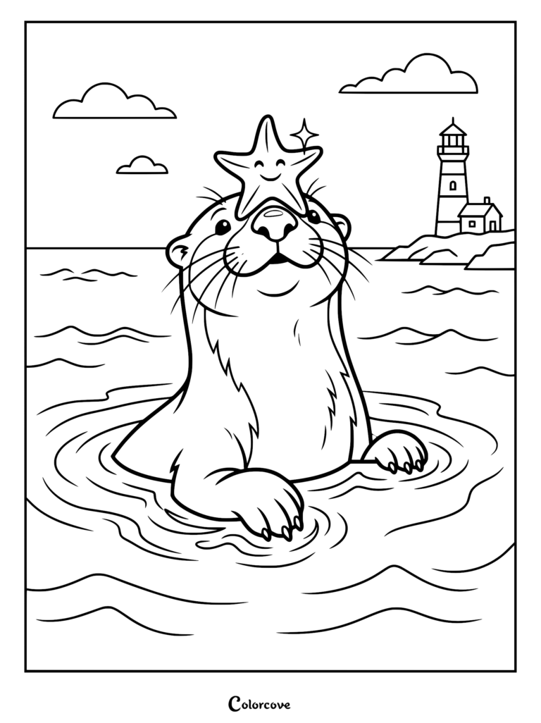Una nutrias con una estrella de mar sonriente en la cabeza en el océano cerca de un faro, página para colorear imprimible.