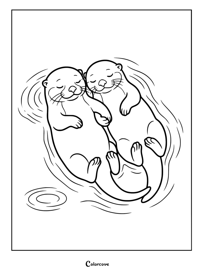 Dos nutrias flotando boca arriba en el agua tomadas de la mano, página para colorear.