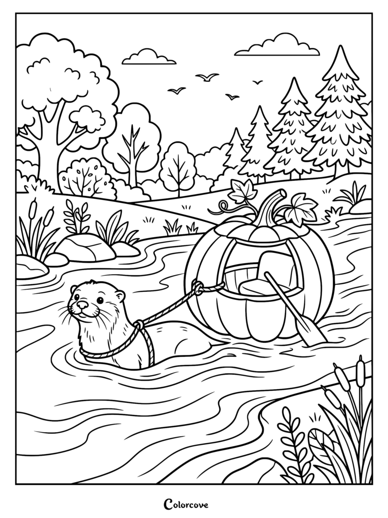 Una nutria tirando de un bote de calabaza hueca con un remo de madera a través de un río en un entorno forestal, página para colorear imprimible.
