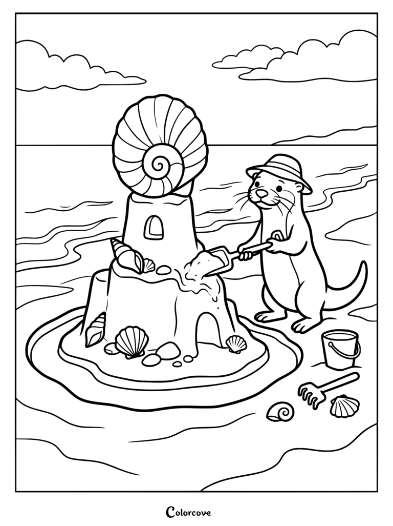 Una nutrias con sombrero para el sol construyendo un castillo de arena con una pala en la playa, en una página para colorear imprimible.