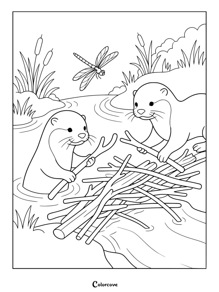 Dos nutrias trabajando juntas para construir una presa de ramas en un río, con una libélula volando arriba, página para colorear imprimible.