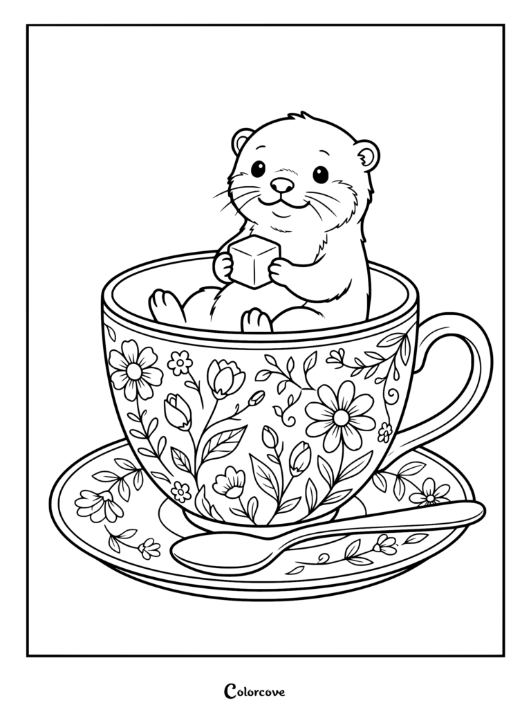 Una nutrias sosteniendo un terrón de azúcar mientras está sentada dentro de una taza de té con patrón floral en un platillo, página para colorear imprimible.
