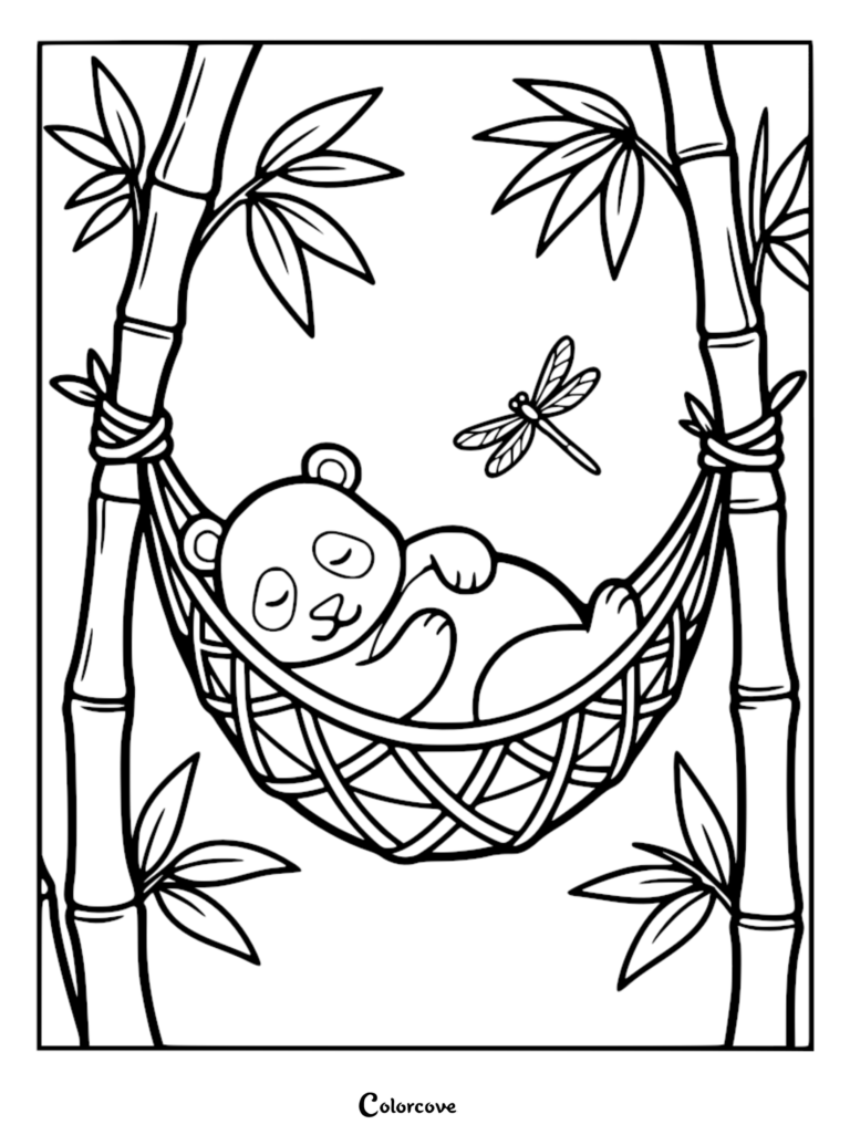 A cute panda sleeping in a hammock tied between bamboo stalks with a dragonfly nearby in this printable coloring page.