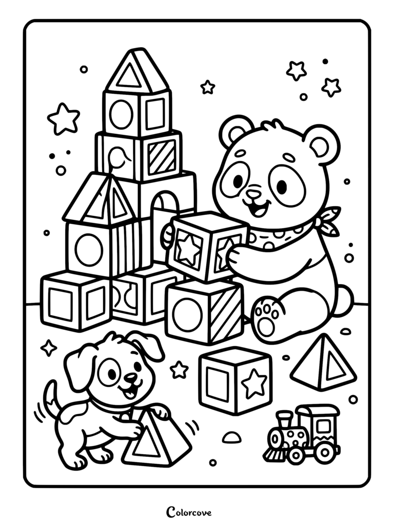 A cute panda wearing a polka dot bandana playing with building blocks alongside a puppy in this free printable coloring page.